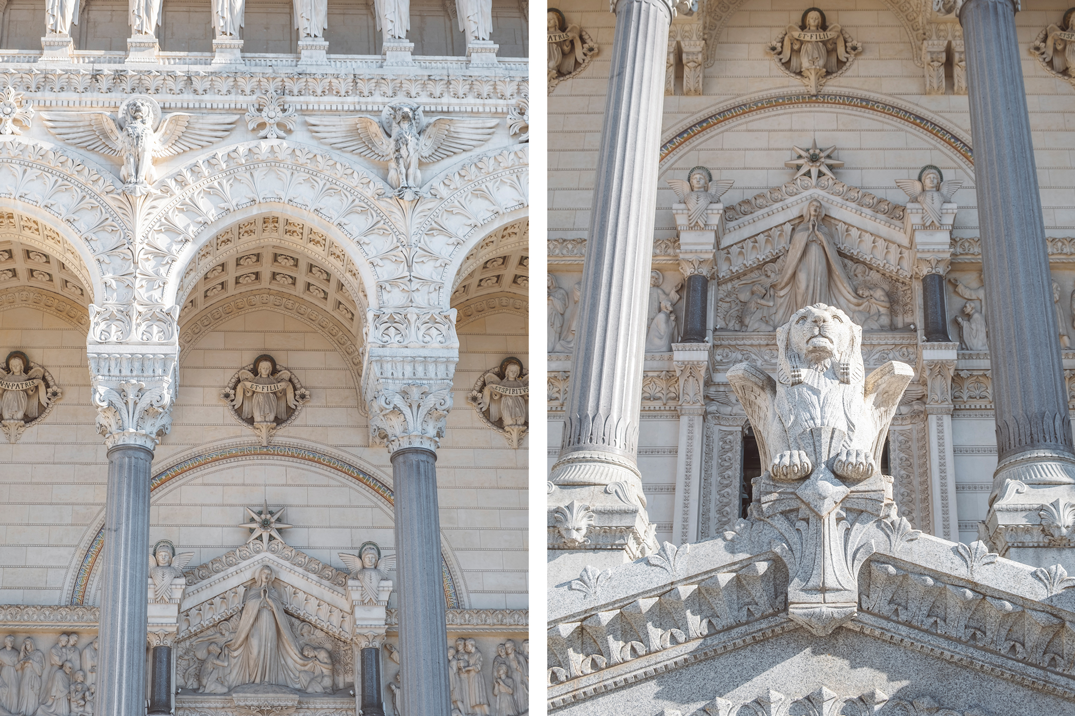 Les somptueuses sculptures extérieure de la Basilique Notre Dame de Fourvière